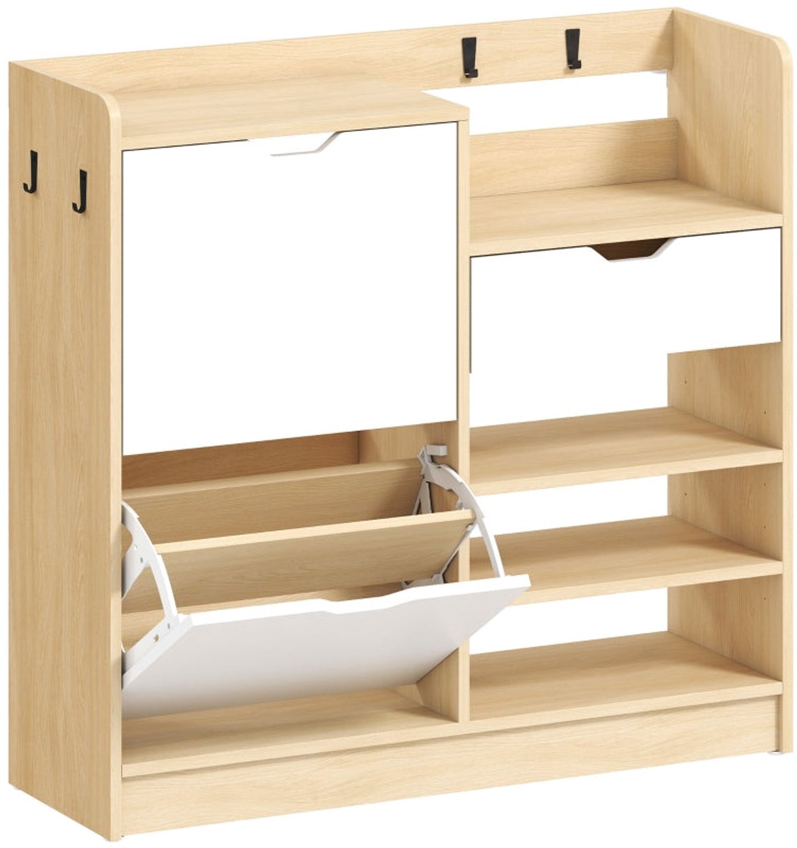 Merax Schoenenkast met Kleppen - Open Vakken & Lade - Schoenenrek voor 14 Paar - 93×30×90 cm - Haken & Moderne Houtlook - Naturel/Wit (8721178478263)