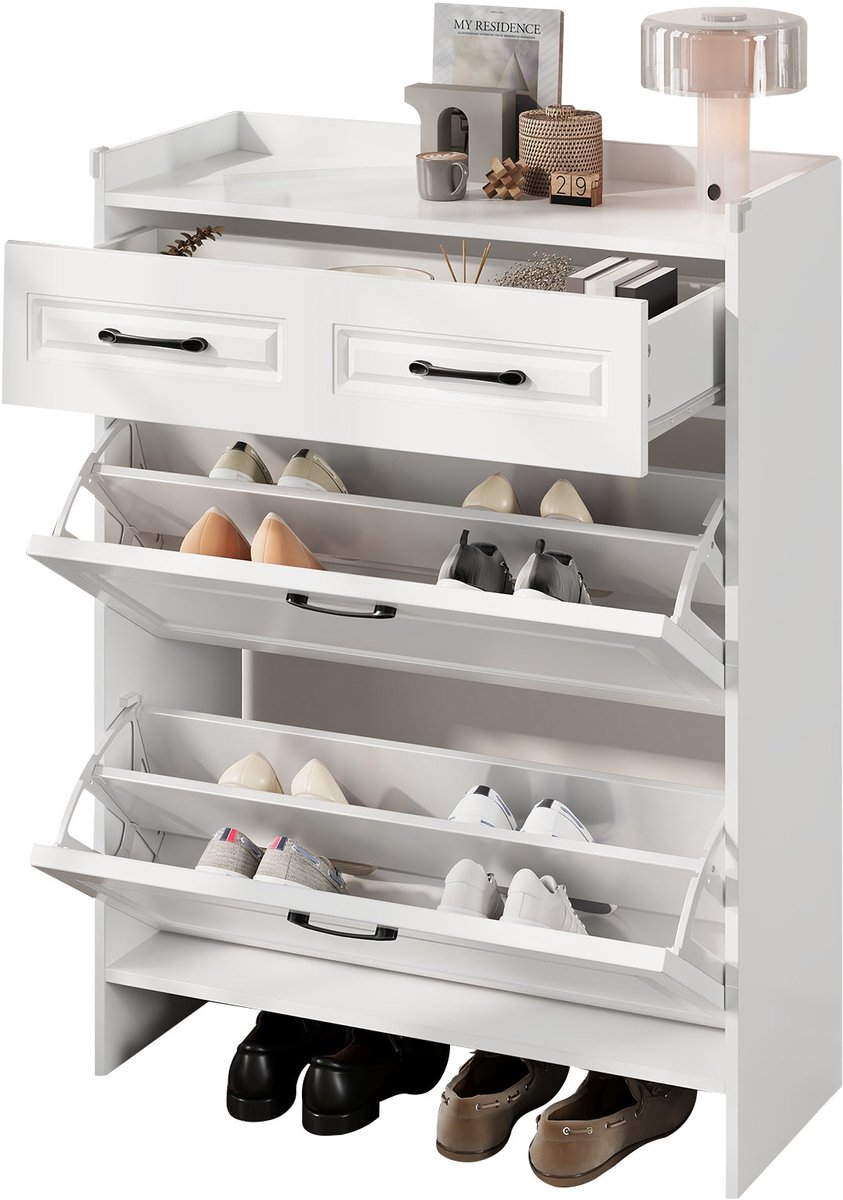 Merax Witte Schoenenkast met 4 Opbergvakken en 1 Lade - Smalle Schoenenkast met Klepdeuren - Moderne Opbergkast voor Hal of Entree - 80 x 34 x 107.5 cm (8721178475712)