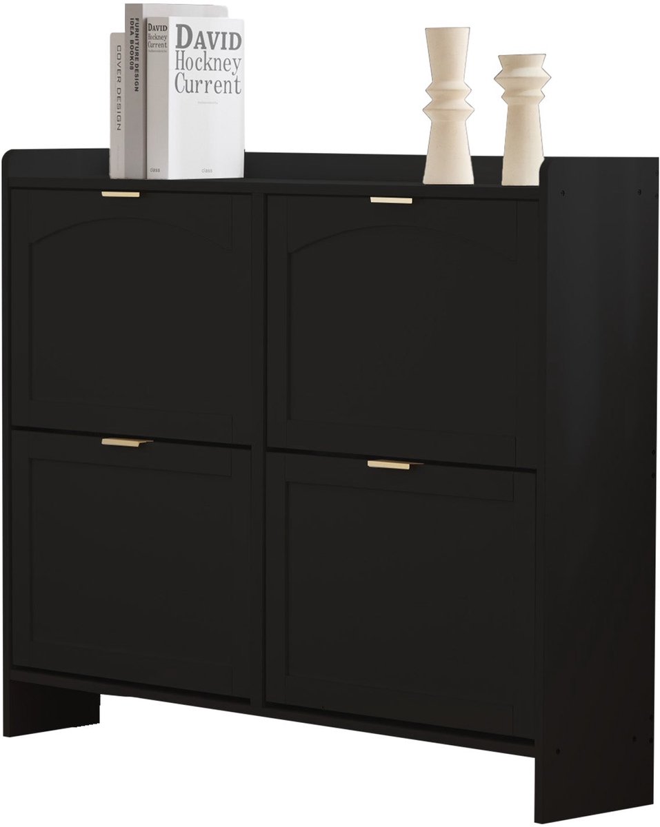 Merax Zwarte Schoenenkast met 4 Klepvakken - Vrijstaande Schoenenkast met Open Opbergvakken - Moderne Kast voor Hal of Entree - 110 x 24 x 90 cm - Inclusief Antikantel Beveiliging (8721178475668)