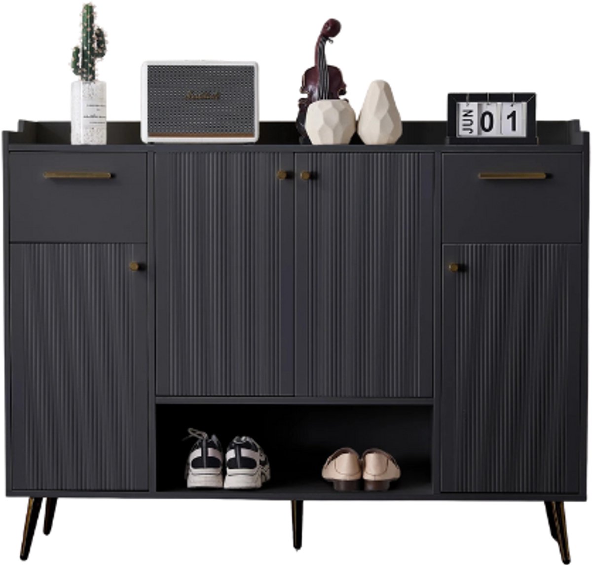 Moderne Opbergkast - Zwart - 130×100×37 cm - Met 2 Lades, 4 Deuren & Open Vakken - Meubel - Schoenenkast (8721447041402)