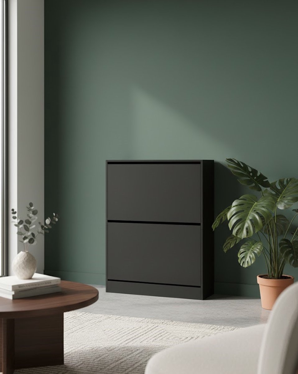 Moderne Schoenenkast met 2 Kleppen - Zwart - Ruimtebesparende Schoenenopslag voor Gang, Hal en Foyer - Medahomestore (9509825536950)