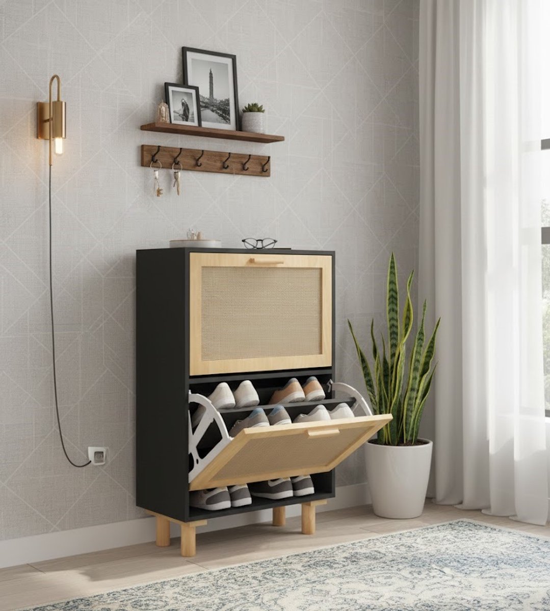 Moderne Schoenenkast met Rattan Klappen - Medahomestore - Skandinavische Stijl Schoenopbergmeubel, Flurgarderobe, Vrijstaand, 52x25x80 cm, Zwart en Natuurlijk Rattan, Schoenorganizer voor Hal, Woonkamer en Slaapkamer (9509691274468)
