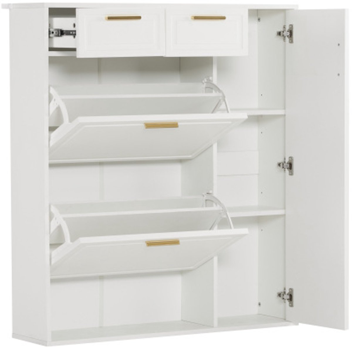 Moderne schoenenkast met verstelbare planken, gouden handgrepen, lades, klepkast en deuren - Wit - B95 x D24 x H107,5 cm (4255890903993)