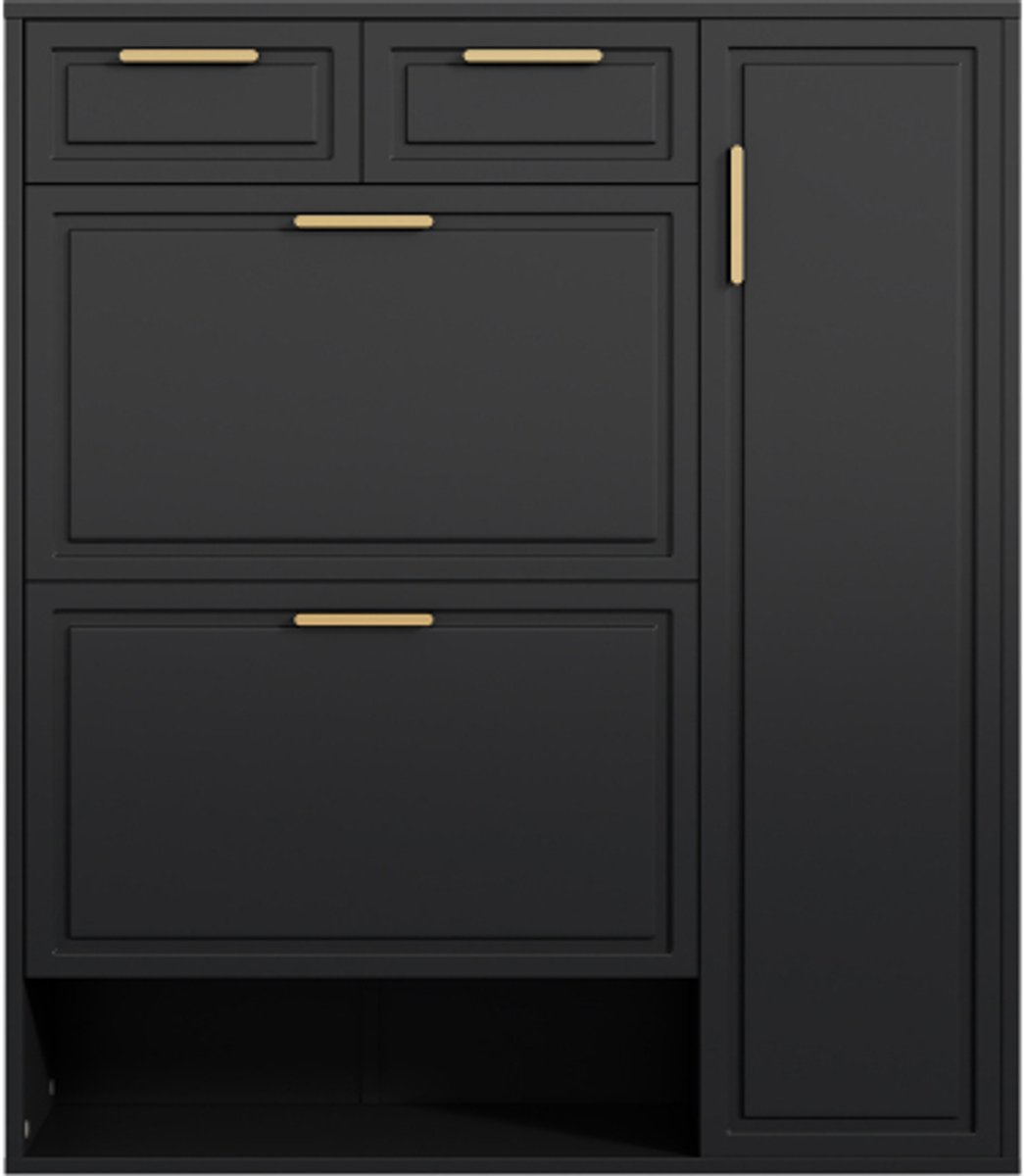 Moderne schoenenkast met verstelbare planken, gouden handgrepen, lades, opvouwbare schoenenkast en deuren, zwart, B95/D24/H107 (0797465107411)