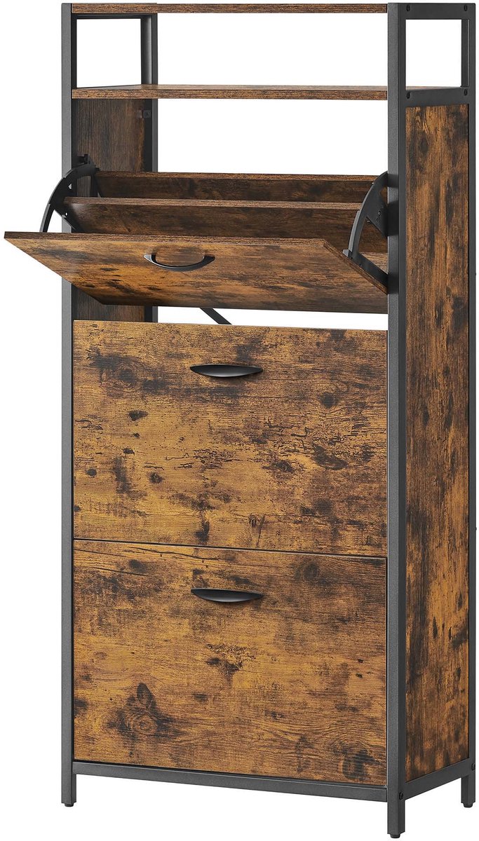 Moderne schoenenkast opbergrek met 3 klepdeuren en open vak geschikt voor 15-18 paar schoenen 60x30x130 cm bruin en zwart ideaal voor hal en slaapkamer (4255890921591)