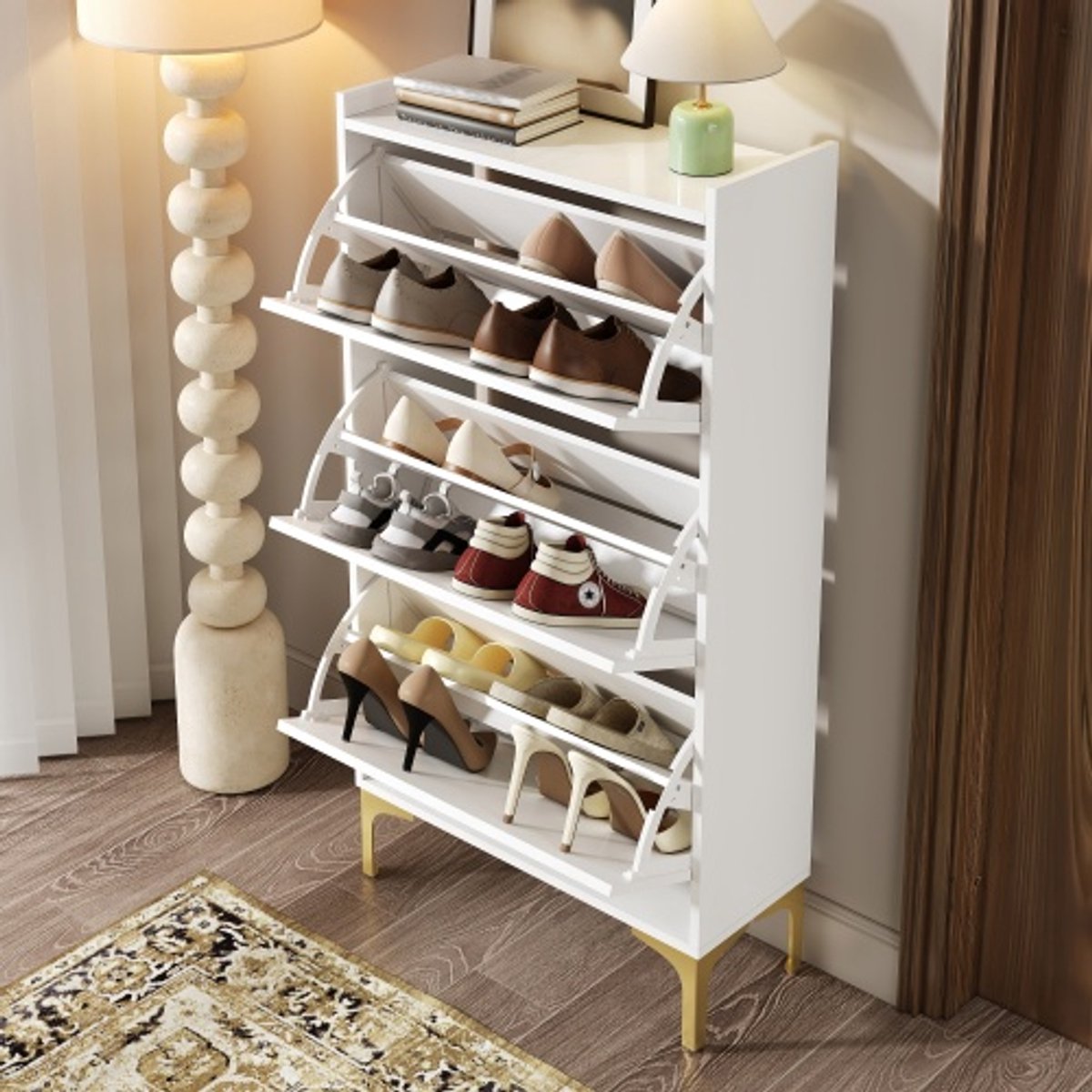 Moderne witte schoenenkast met 3 lagen - Luxe en ruimtebesparend design met grote opbergruimte en stabiele metalen poten, 63×24×120 cm (4853222959092)