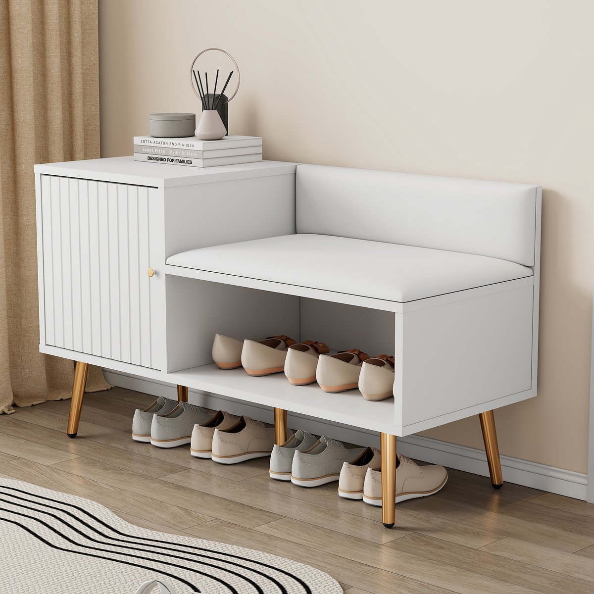OKWISH Schoenenkast - Schoenenopberger Kast - Elegant Design Met Metalen Grepen En Poten - 100x38x58 cm - Spaanplaat - Wit (4070861367051)
