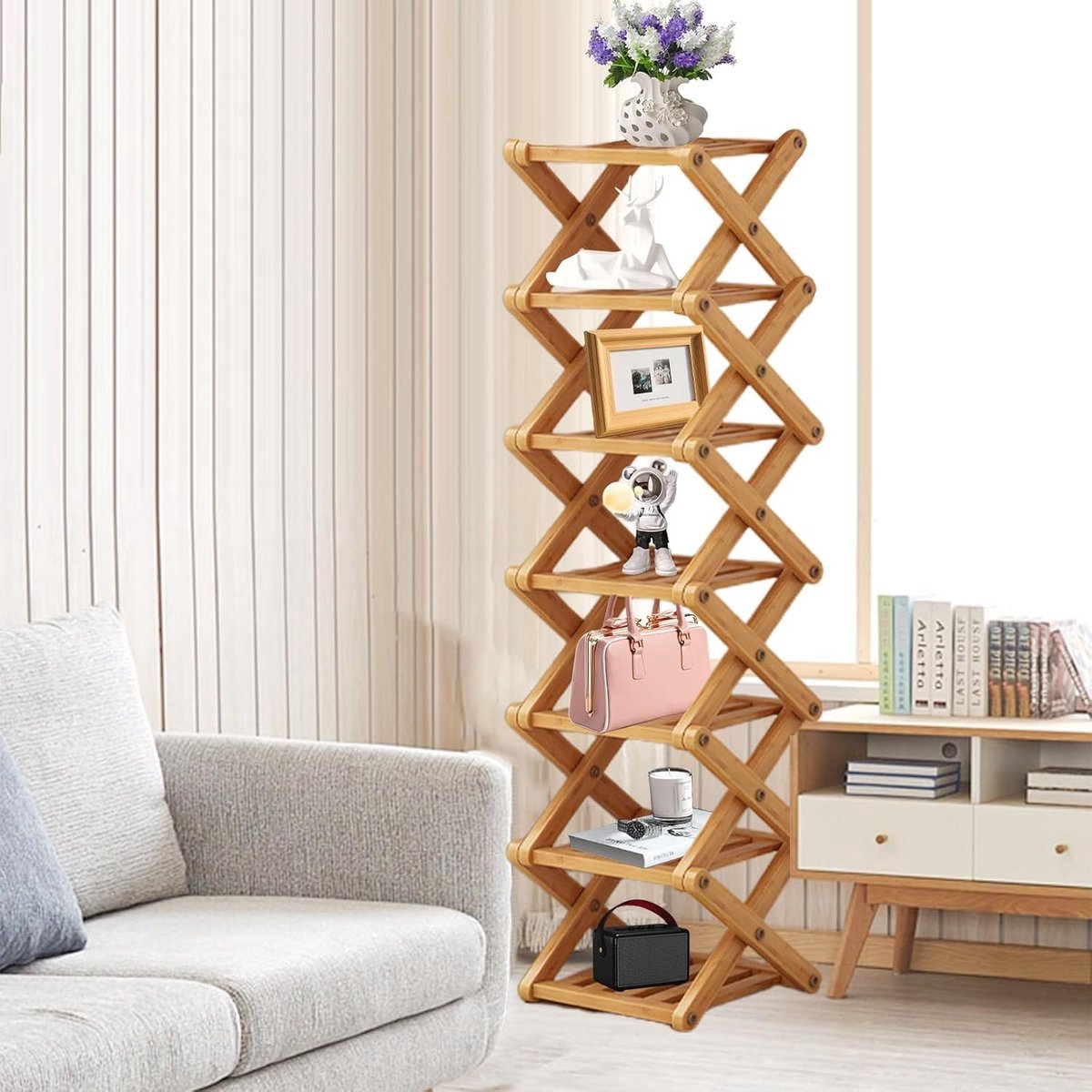 PolkaHome ® Houten Schoenenrek met 7 Niveaus voor Smalle Ruimtes en Efficiënte Opslag (8721242045223)