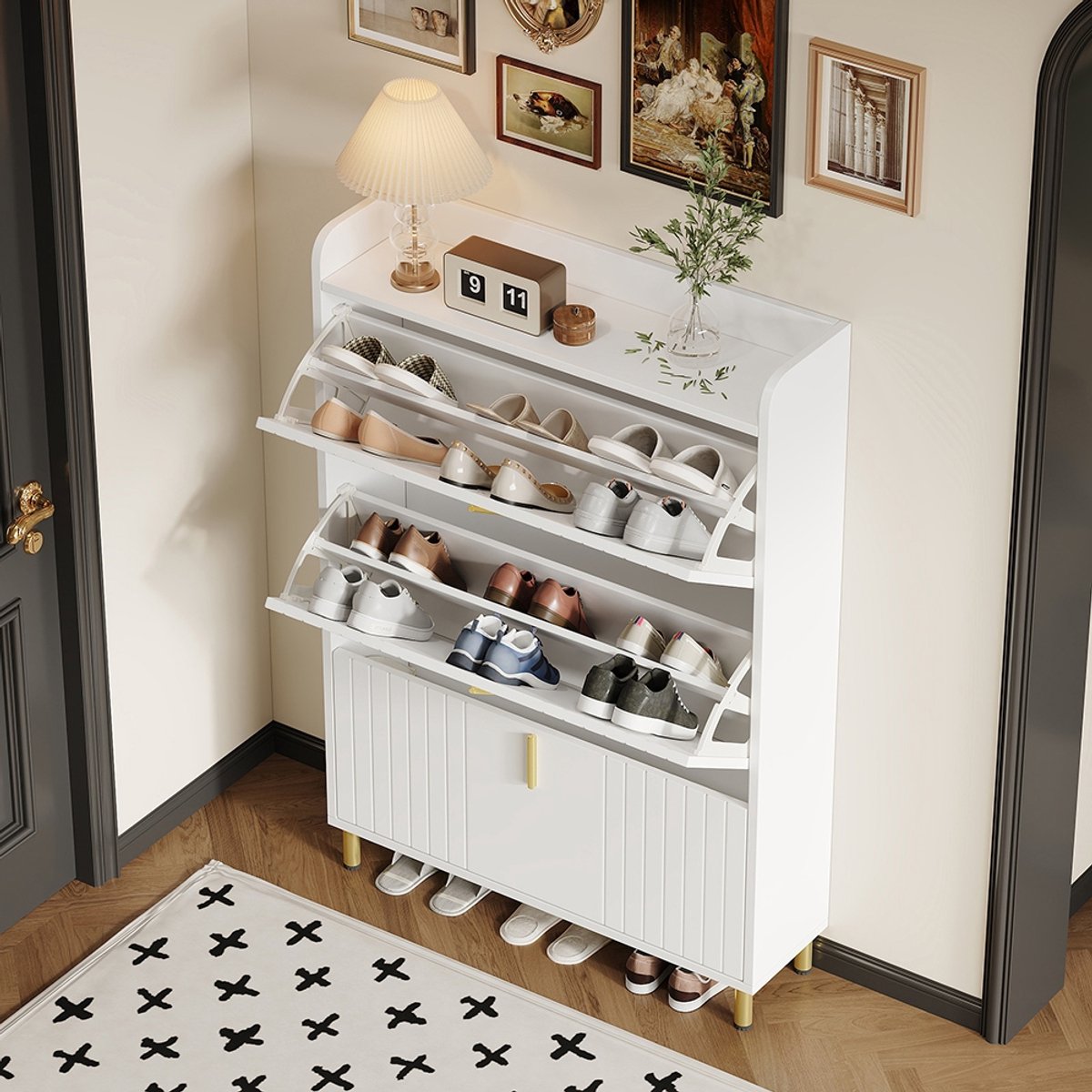 Pugsdrly Schoenenkast met 3 deuren, smalle schoenenrek, met 6 vakken, witte schoenenkast, verstelbaar, kantelbeveiliging voor de ingang, 80*23,5*123,5 cm (8995141048047)