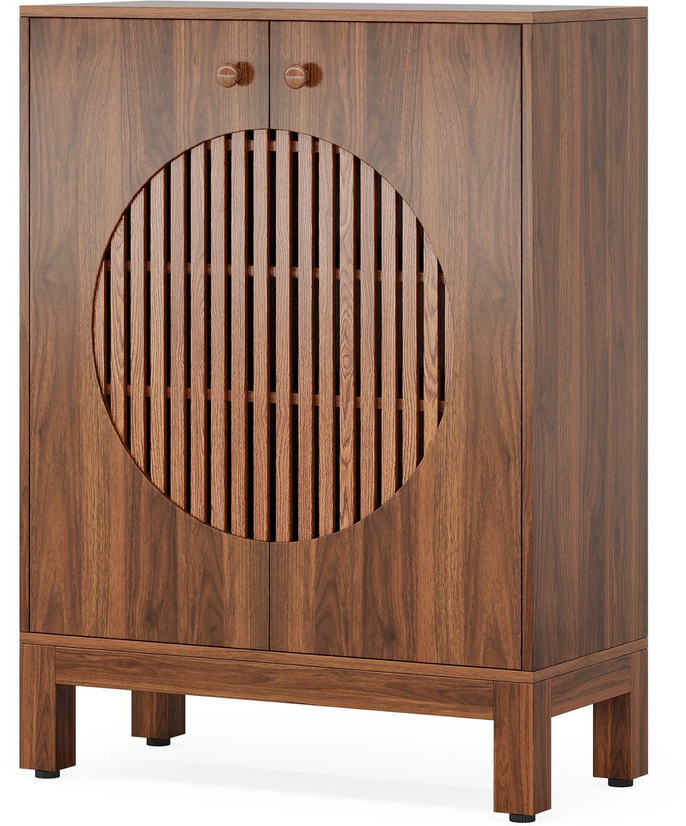 Pugsdrly Schoenenkast met 5 niveaus en ronde lamellendeuren, schoenenkast in boerderijstijl voor 20 paar met verstelbare planken, houten rek voor de hal, gang, woonkamer (bruin) (6085432651581)