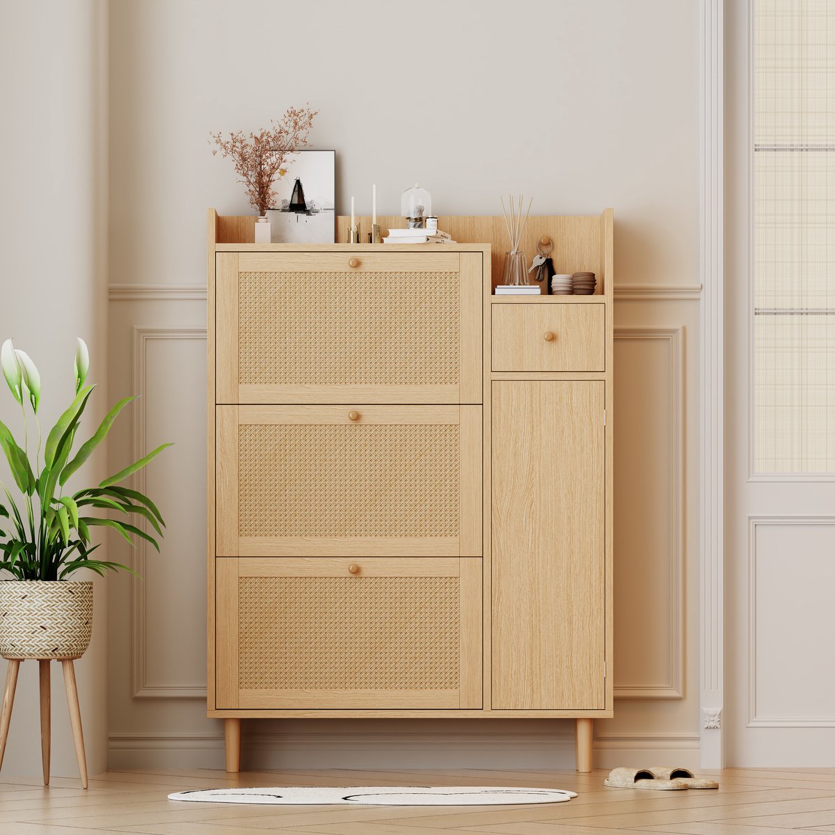 Re-purelife® Natuur Rotan Schoenenkast met 3 Klepdeuren en 1 Lade - Smalle Opbergkast met Massief Houten Poten - Space Saving Meubel voor de Hal 90x17x125 cm (9331911977053)