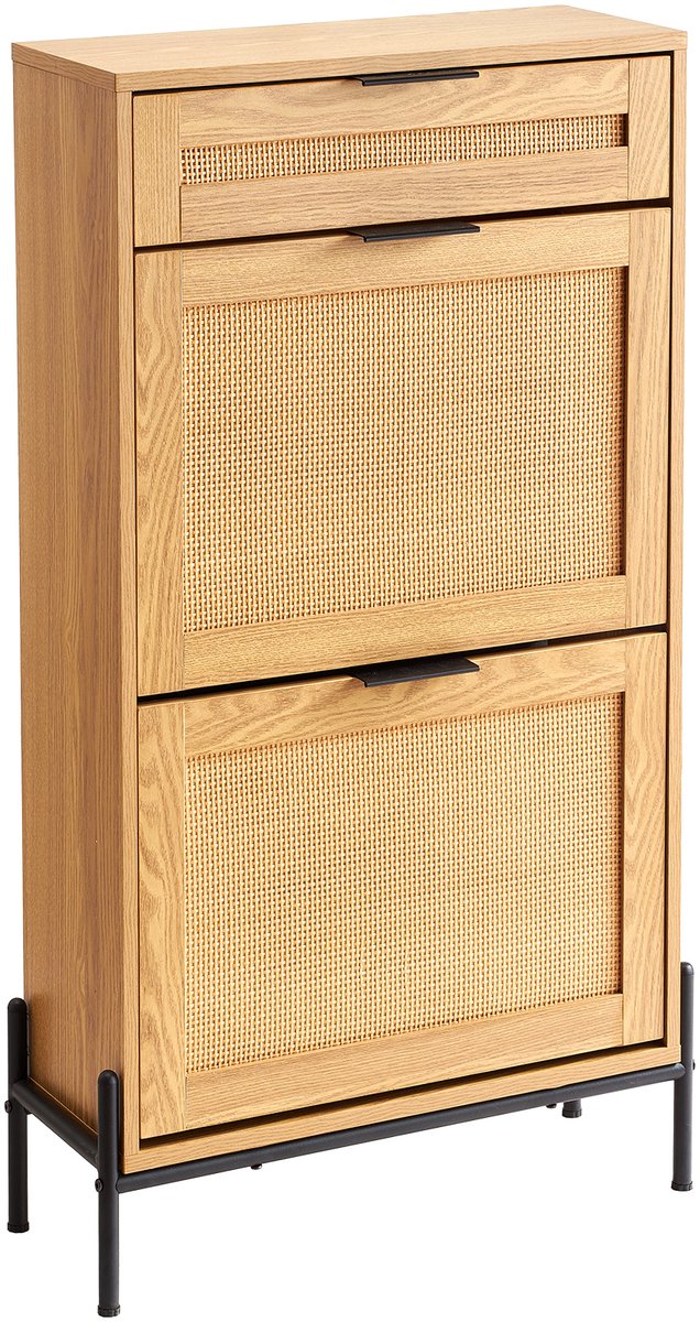 Rotan Schoenenkast, Smalle Schoenopberger met 2 Uitklapbare Lades van Rotan en 1 Schuiflade, Smalle Schoenenkast voor de Entree, Ideaal voor Entrees (8721334199636)