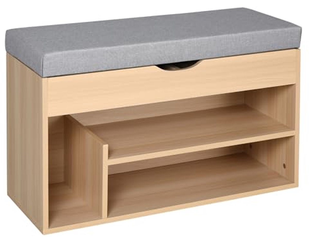 Schoenenbank met Opbergfunctie en Kussen - Beige en Grijs - 2 Niveaus (6154004113168)