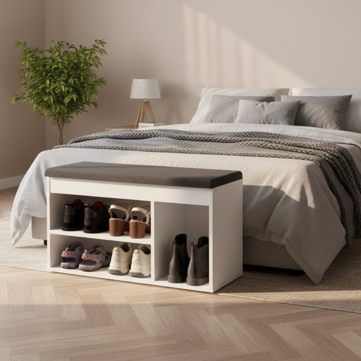 Schoenenbank met Opbergruimte Altameubel Sofia - Halbank met Zitkussen en Schoenenrek, Garderobebank, Wit/Grijs, 100 x 48 x 32 cm - Comfortabele Zithoogte, Stabiel en Praktisch (9504486481779)