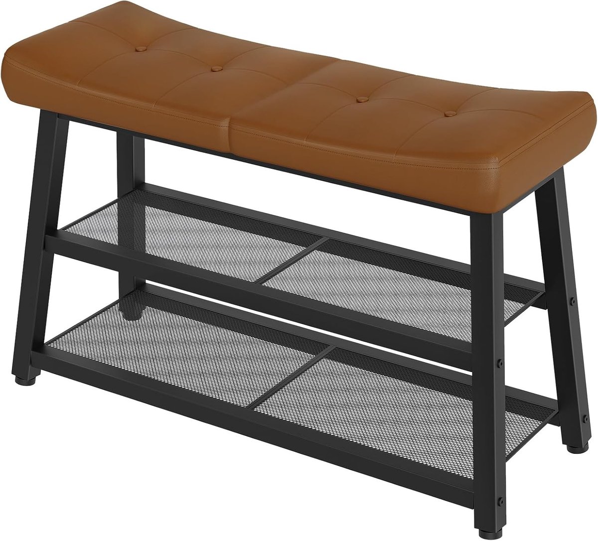 Schoenenbank met PU-beklede zitting - 2-laags schoenenrek met zitbank, ideaal voor hal, gang of slaapkamer, bruin-zwart (5487571664582)