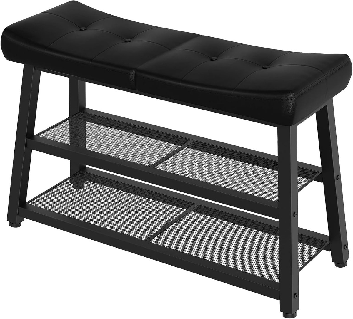 Schoenenbank met PU-beklede zitting - 2-laags schoenenrek met zitbank, ideaal voor hal, gang of slaapkamer, zwart (5487571664575)