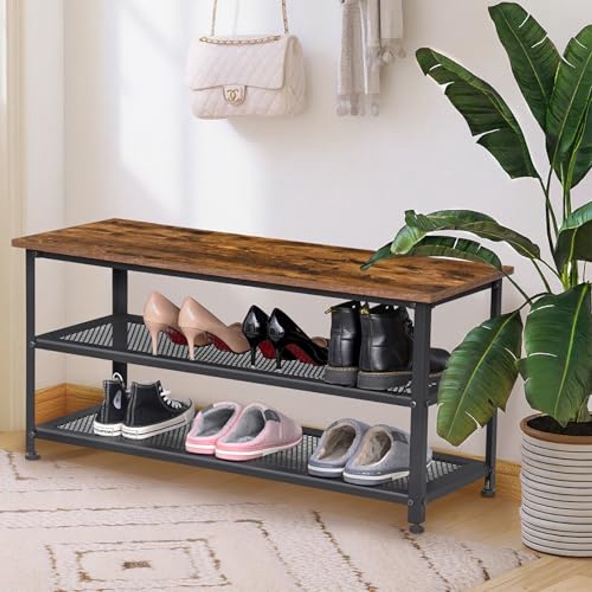 Schoenenbank met gaasplanken - Industriële schoenenrek voor entree en slaapkamer - Opbergplank met stalen structuur - Ruim en praktisch design in rustiek bruin en zwart (6154026132185)