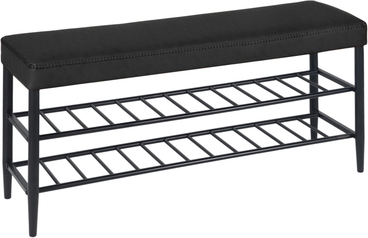 Schoenenbank met zitkussen - 100 cm breed - kunstleer - zwart (4052025851774)