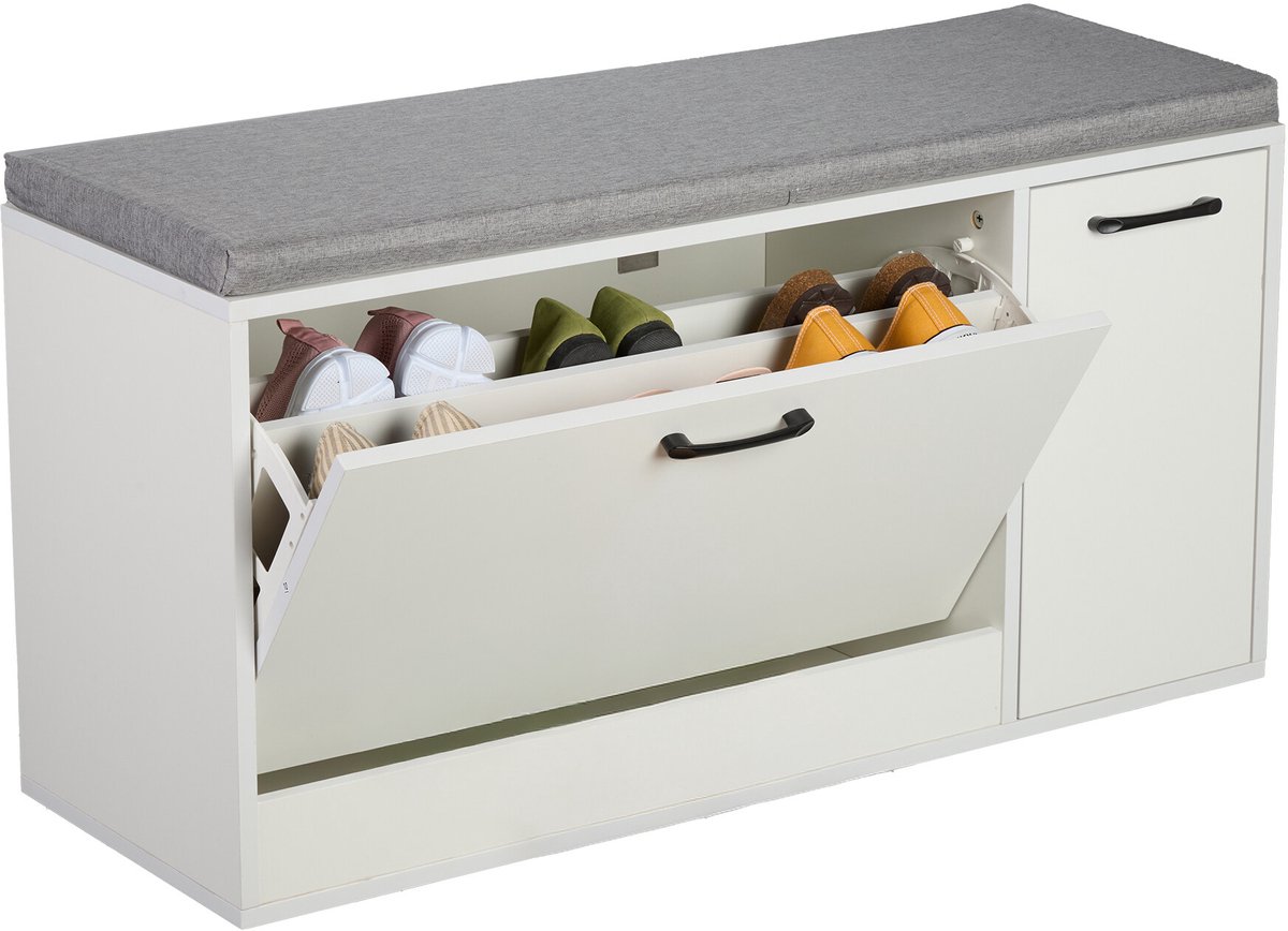 Schoenenbank met zitkussen - 53 x 100 x 37 cm - wit (4052025515799)