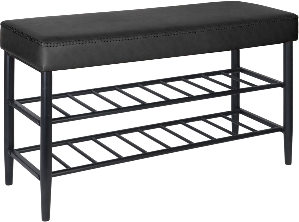 Schoenenbank met zitkussen - 80 cm breed - kunstleer - zwart (4052025851781)