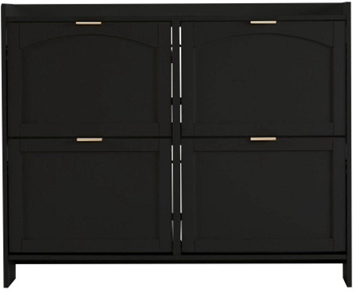 Schoenenkast 110x24x90cm Schoenenrek Schoenenmeubel Zwart Spaanplaat Verborgen Ontwerp Vier Kleppen Met Open Vakken Vrijstaand Geschikt Voor Hal En Gang (4255890929535)