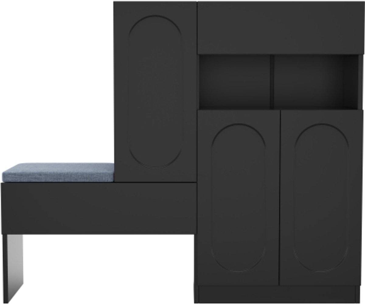 Schoenenkast 130×35×110cm Schoenenrek Schoenenmeubel Zwart Spaanplaat 2-in-1 Modern Design Boogdeuren Soft-Close Verstelbare Vakken Met Gestoffeerde Zitbank Geschikt Voor Entree En Gang (4255890930708)