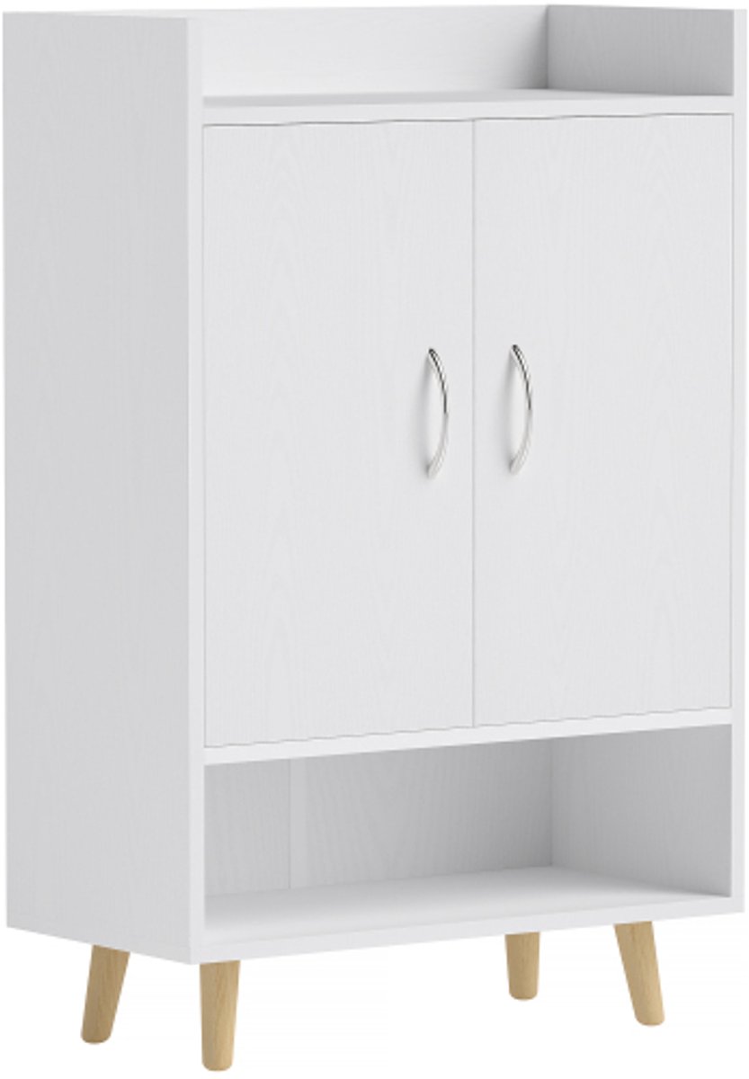 Schoenenkast 60x30x92 cm Wit Hout Opbergrek Met Deurtjes en Planken Schoenrek Moderne Stijl Geschikt voor Hal en Ingang (4255890928590)
