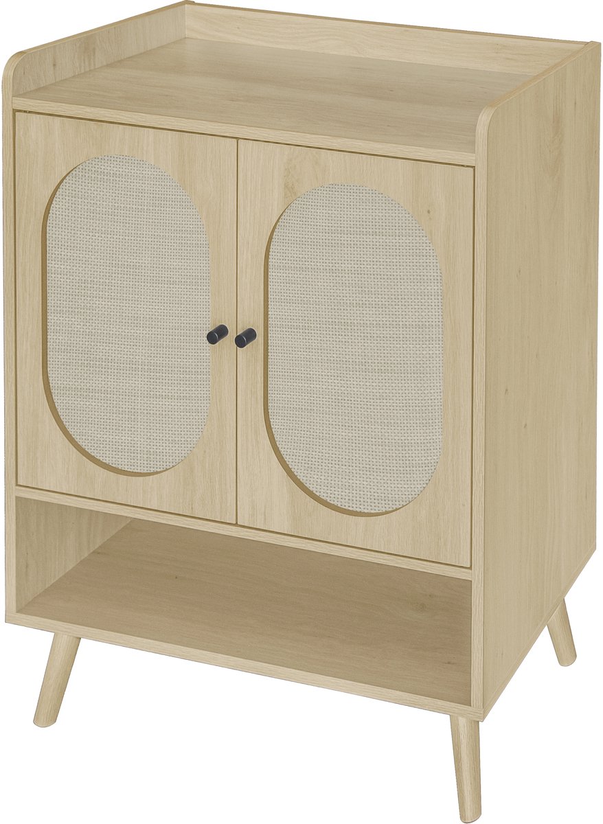 Schoenenkast 68x35x90 cm Natuur Hout Rotan Vlechtwerk Voor Hal Ingang Gang Met Dubbele Deuren Plank Open Opbergvak (4255890921867)