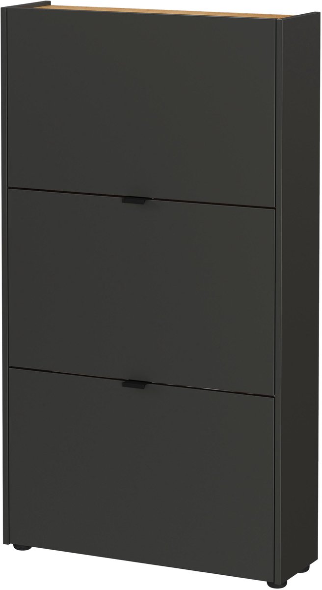 Schoenenkast Eleonore Eiken - Grafiet - Breedte 71 cm - Hoogte 127 cm - Diepte 22 cm - Met lades - Met planken - Met openslaande deuren (6152838968916)