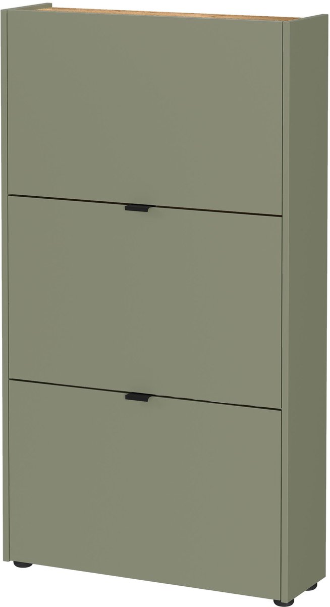 Schoenenkast Eleonore Eiken - Groen - Breedte 71 cm - Hoogte 127 cm - Diepte 22 cm - Met lades - Met planken - Met openslaande deuren (6152838968961)