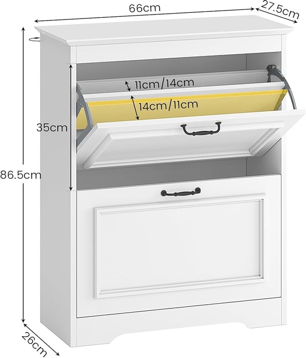 Schoenenkast Industrieel Wit - IndustrialHome Luxe Houten Schoenenkast met 2 Kleppen en Verstelbare Planken - Smalle Schoenen Organizer voor Hal of Gang - Stabiel & Stofdicht - 66x27x86 cm (9501892258599)
