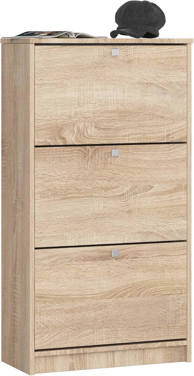 Schoenenkast Met Schoenenbank - 3 Deuren Schoenenopslag | 60 x H 113 x D 28,5 cm | Sonoma Eiken (9101016144014)