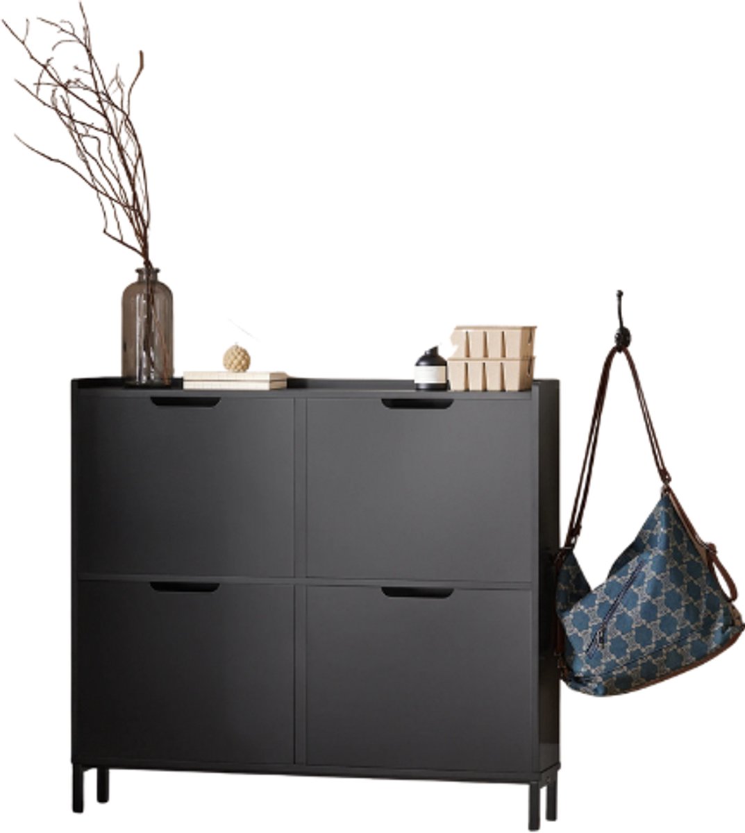 Schoenenkast - Opbergkast - 4 Vlakken - Zwart - Smalle kast - Wandkast - Effen - 100x90x19cm - met Kantelbeveiliging (8721447041365)