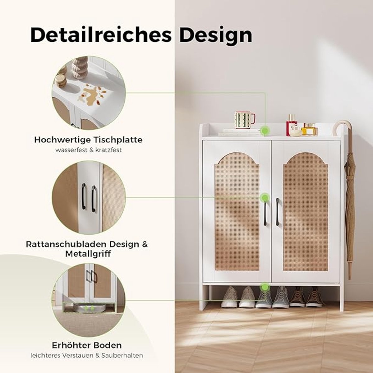 Schoenenkast Rotan Wit - HomeByNicole Luxe 5-Laags Schoenenkast met Deuren en Verstelbare Planken - Duurzame Houten Schoenen Organizer voor Hal, Woonkamer & Slaapkamer - Vochtbestendig & Vlekbestendig - 68x38x88 cm (9504887456840)