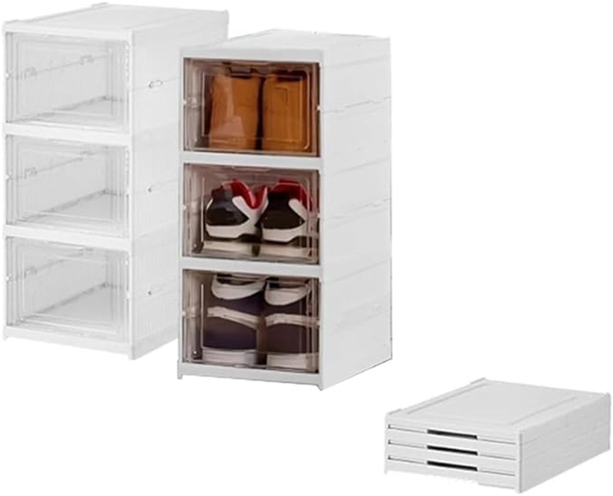 Schoenenkast - Schoenenrek - 3-Laags Opvouwbare Schoenenorganizer - Opbergdoos - Stapelbaar Schoenenrek - Opbergen - Ventilatie Stofbescherming - Perfect voor Entree - Gang - Slaapkamer - 53x34.5x25.5cm - Wit (4070751156956)