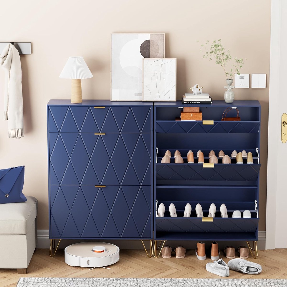 Schoenenkast Smal Blauw - HomeByNicole Halmeubel met 2 Kleppen en Lade, 16 Paar Schoenen, Modern Design, Ruimtebesparend, Anti-Kantel, MDF + Metalen Poten, Opbergruimte voor Hal en Woonkamer (9507794947265)