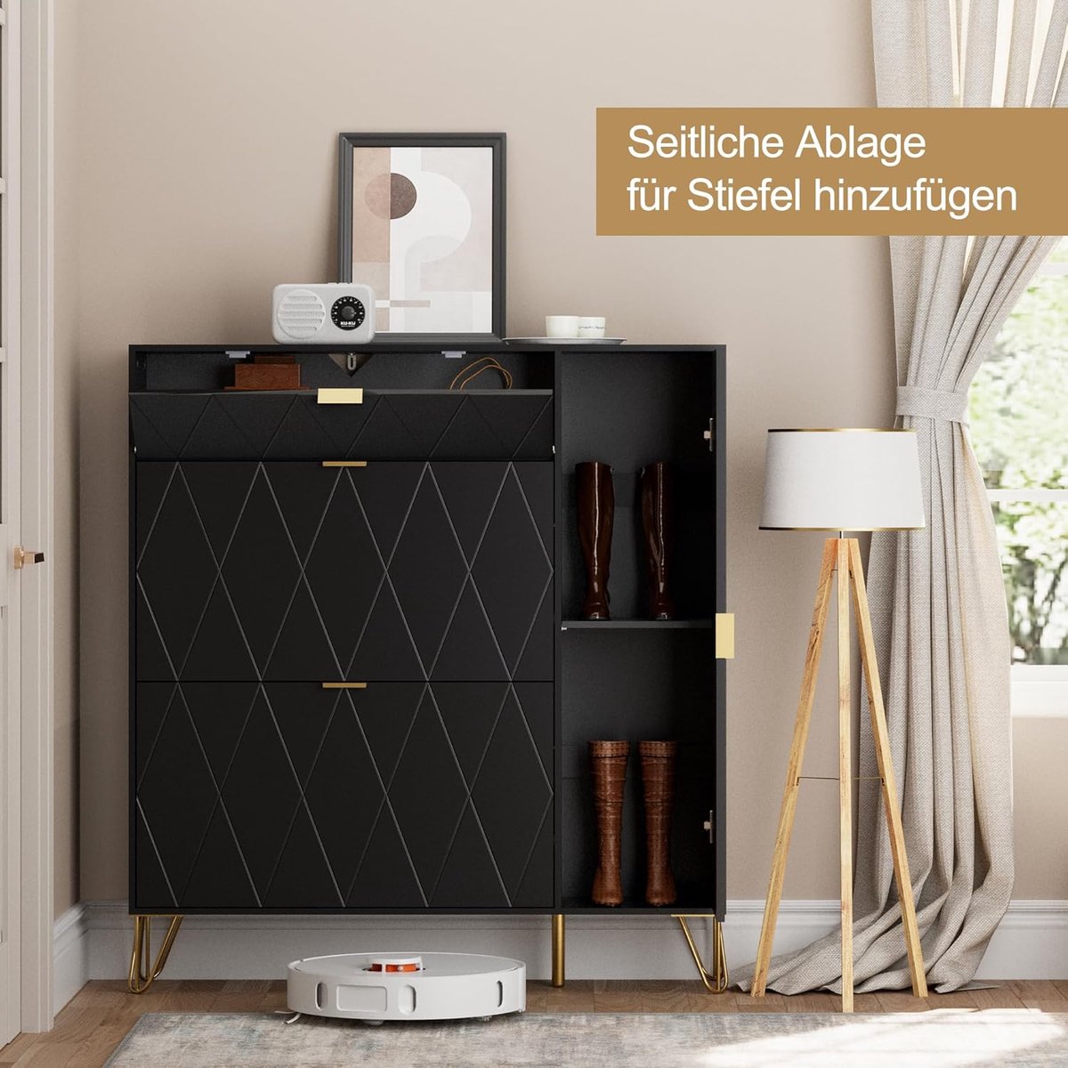 Schoenenkast Zwart - Industrialhome Luxe Schoenenkast met 2 Kleppen & 2 Deuren - Smalle Schoenenkast 110 x 24 x 120 cm - Modern Halmeubel met Gouden Handgrepen - Ruimtebesparend Schoenenrek MDF - Anti-Kantel & Verstelbare Planken (9507219244634)