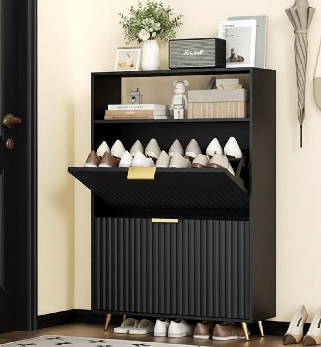 Schoenenkast Zwart - Industrialhome® Luxe Houten Schoenenkast met 2 Kleppen en Gouden Handgrepen - Smal Schoenenrek met Metalen Poten - Moderne Schoenenkast voor Hal & Entree - 75x24x116 cm (9505152438752)