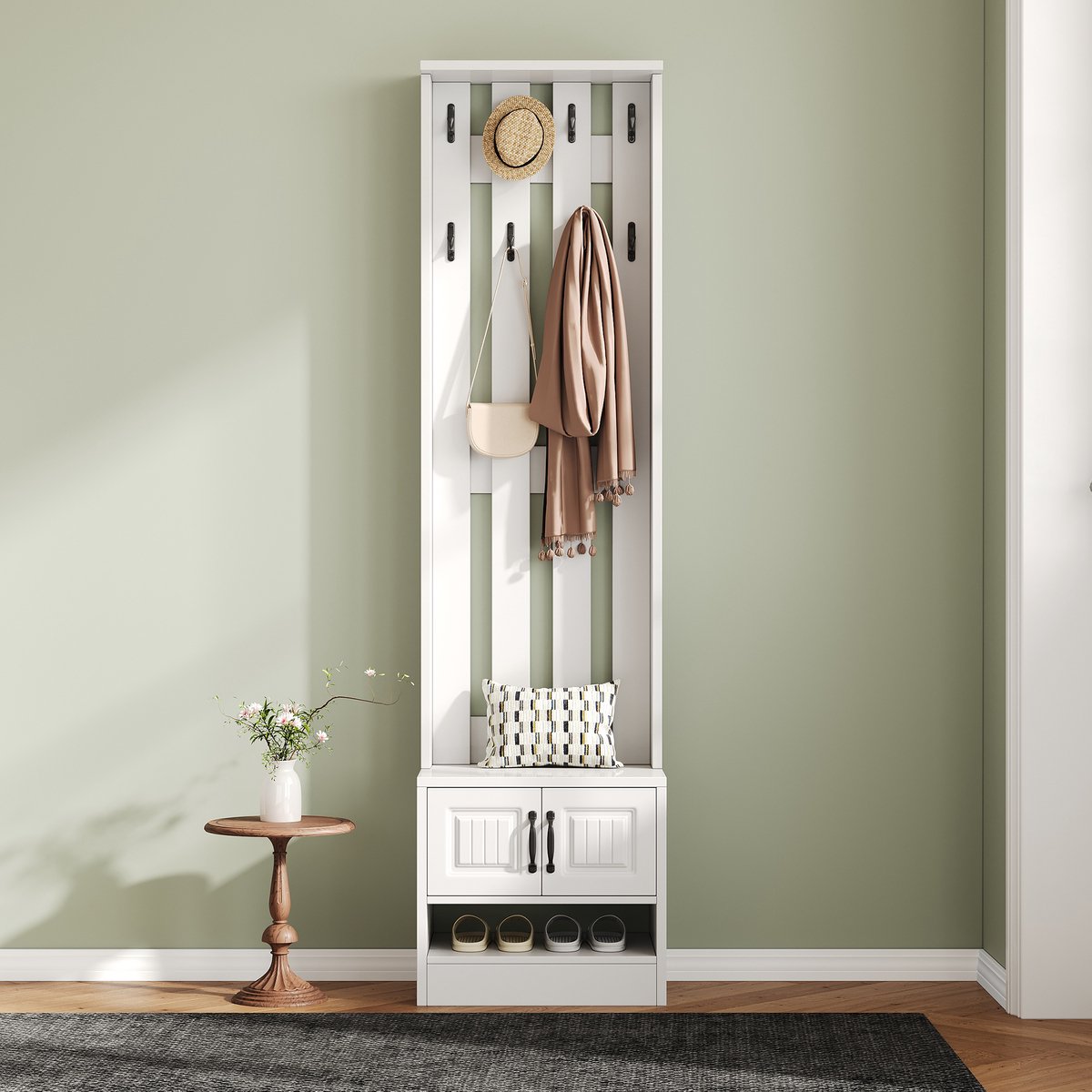 Schoenenkast - gangmeubel - met twee deuren - met rugpaneel - met 8 haken - wit - 50x36x190 cm (5063371481811)