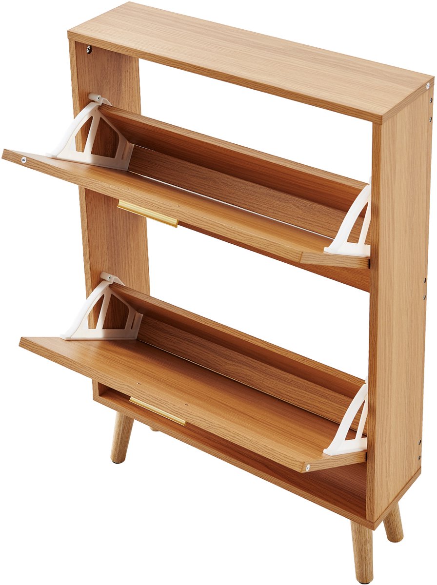 Schoenenkast met 2 Klaplades, Vrijstaande Schoenenkast met Rotan Deuren voor Hoge Hakken, Laarzen en Pantoffels, Perfect voor de Hal, Gang en Woonkamer (8721334128377)