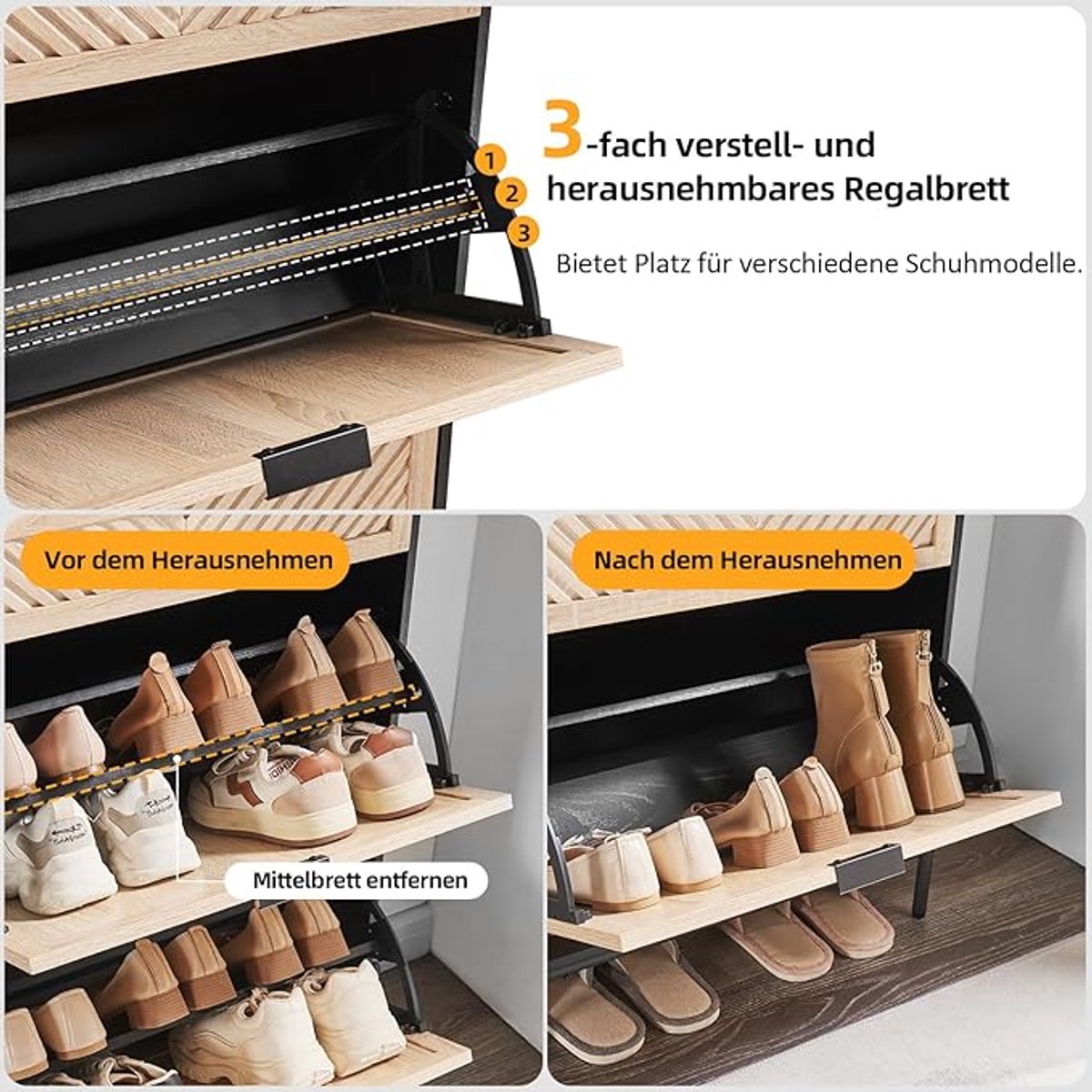 Schoenenkast met 2 Kleppen - Smal & Ruimtebesparend Schoenenrek - Moderne Houten Schoenenkast met Lade - Halmeubel in Eiken en Zwart - Verstelbare Planken - 60x23x99 cm - HomeByNicole (9502765459211)