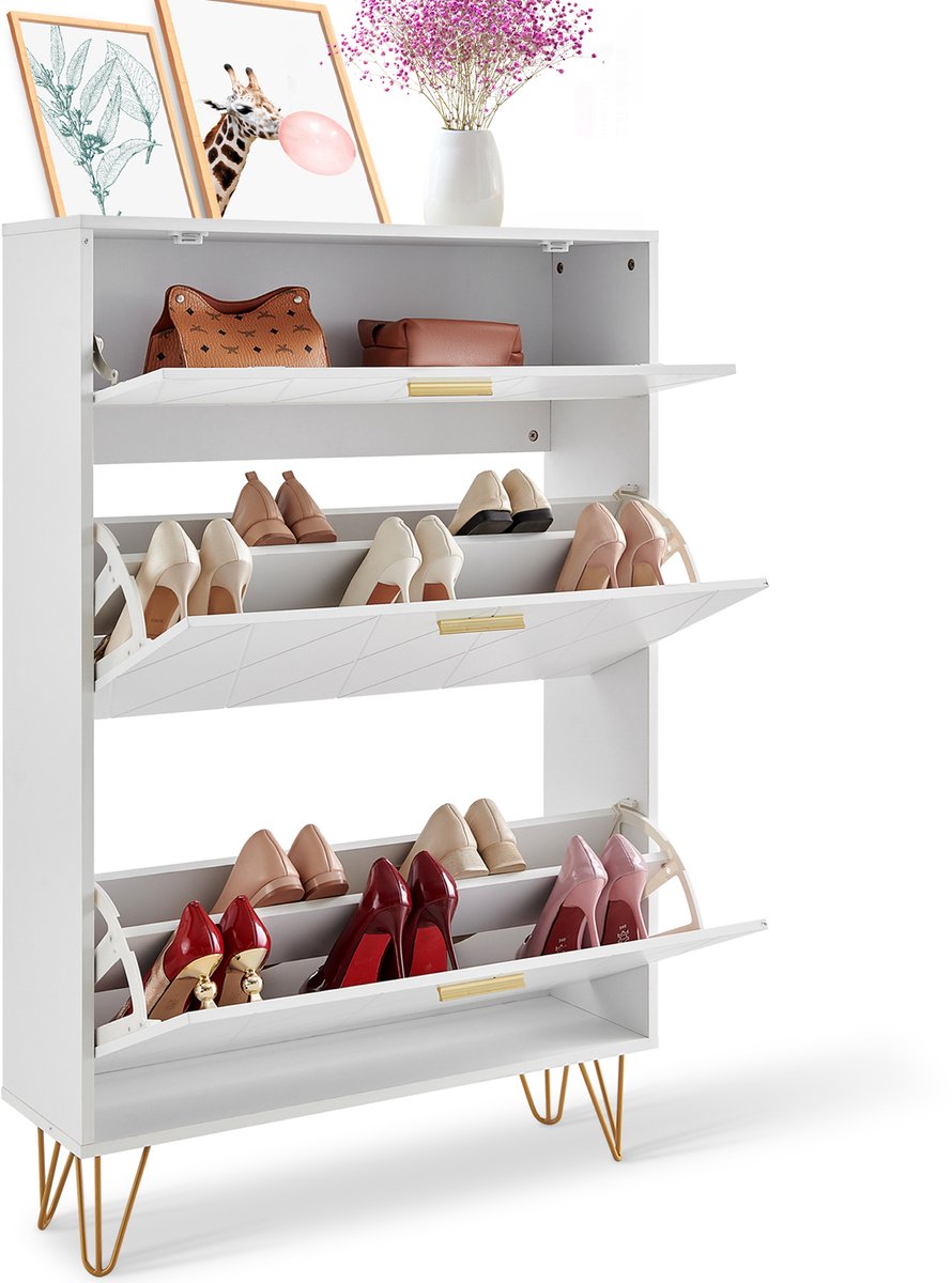 Schoenenkast met 3 Klaplades, Vrijstaande Schoenenkast voor Hoge Hakken, Laarzen En Pantoffels, voor Gebruik In De Hal En Woonkamer (8721334128407)