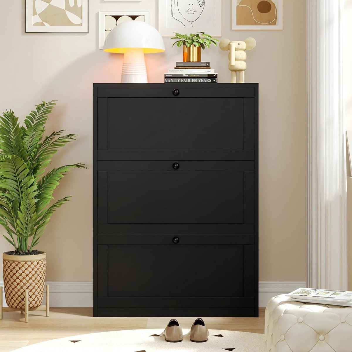 Schoenenkast met 3 Kleppen - HomeByNicole Luxe Smalle Schoenenkast met 6 Verstelbare Vakken - Modern Ruimtebesparend Schoenenrek 80x24x117 cm - Zwart - Halmeubel met Flipdeuren - Stijlvolle Opbergkast voor Entree en Gang (9501861129790)