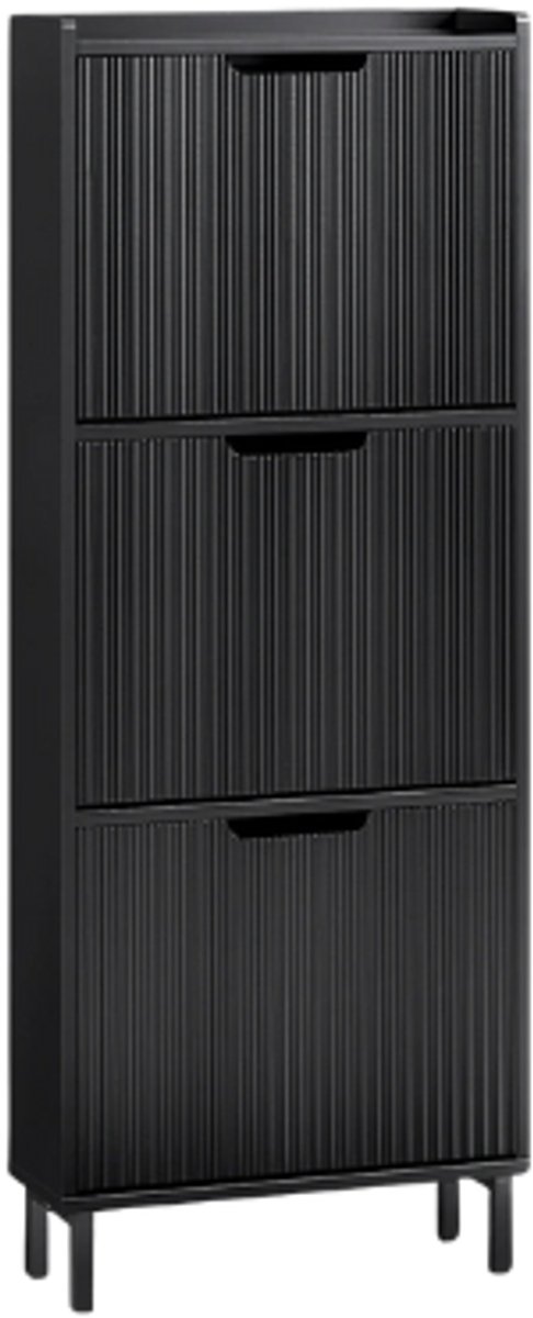 Schoenenkast met 3 Kleppen - Zwart - 130×50×19 cm - MDF & Metaal - Opberger- Schoenen - 12 Schoenen - Geribbeld profiel (8721447041389)