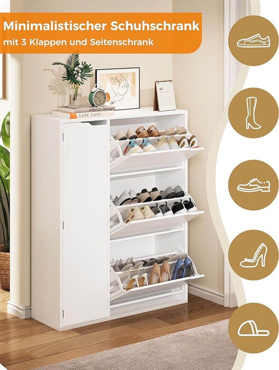 Schoenenkast met 3 Vouwladen - Smalle Vrijstaande Schoenenopbergkast voor Entree, Gang of Woonkamer - HomeByNicole Schoenenrek Kast met Verstelbare Planken, Anti-Kantel, Modern Wit - Voor 16-24 Paar Schoenen (9509492533795)