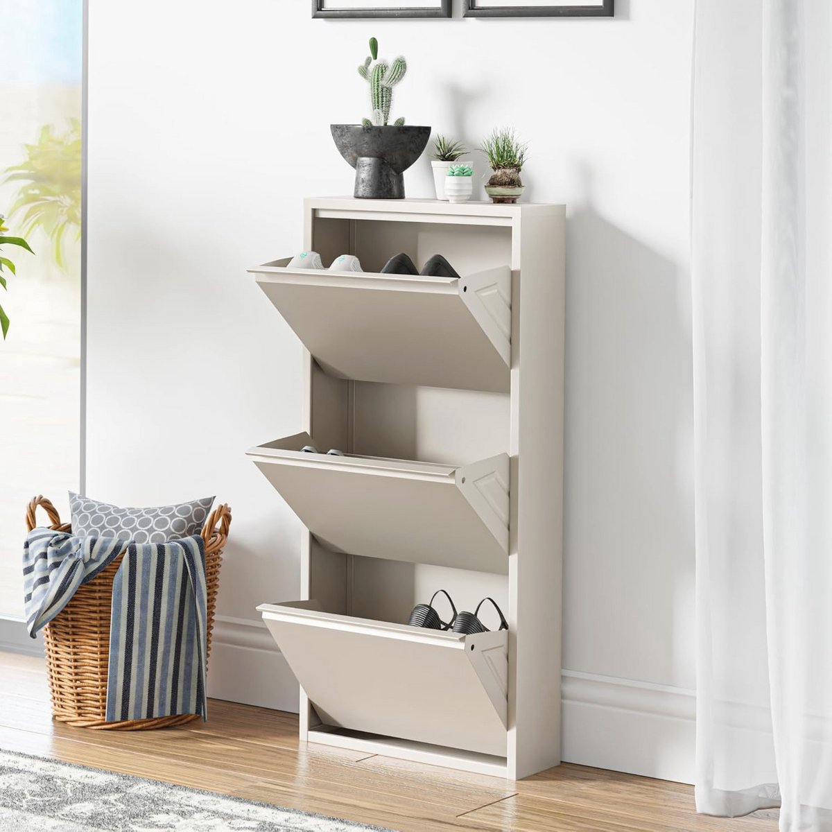 Schoenenkast met 3 kleppen - Stijlvolle opbergoplossing voor schoenen en accessoires - Gebroken wit 104x50x15 cm (9101017724789)