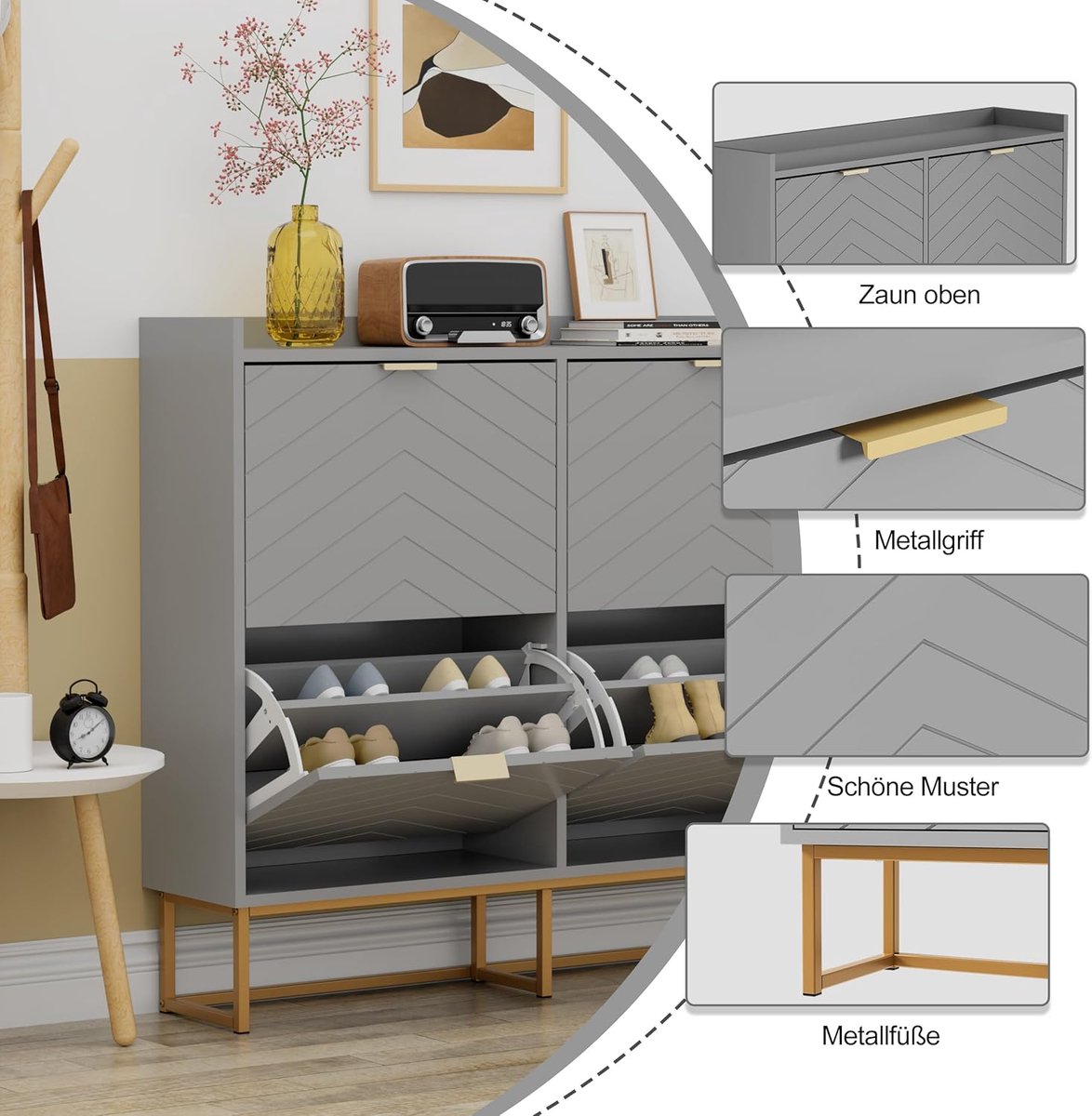 Schoenenkast met 4 Kleppen - HomeByNicole Luxe Smalle Schoenenkast 100x24x91 cm - Moderne Schoenen Opbergkast met Goudkleurige Handgrepen - Grijze Hal Kast met Kantelbeveiliging en Verstelbare Planken - Schoenenmeubel voor Woonkamer, Gang & Entree (9505646878583)