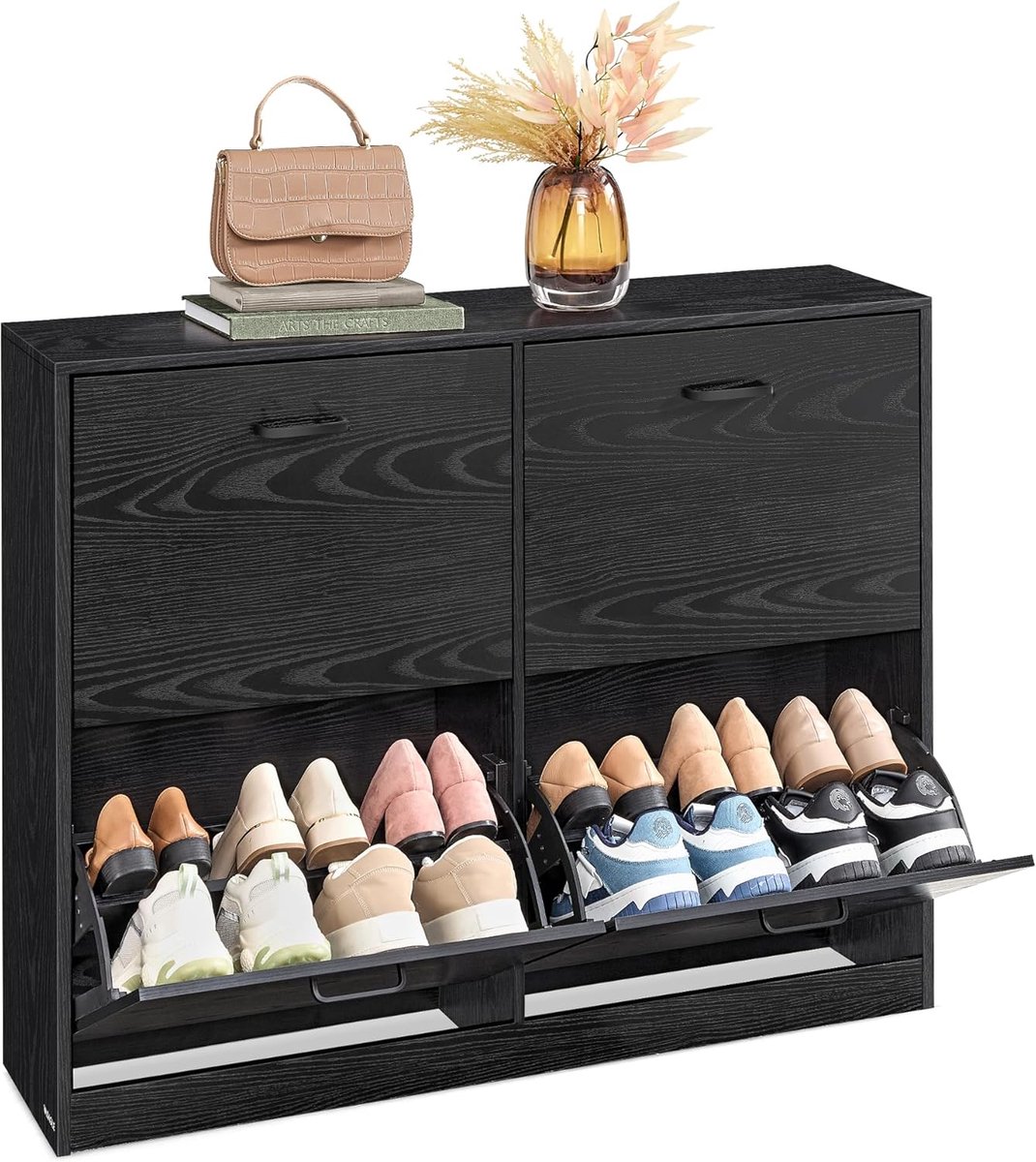 Schoenenkast met 4 deuren en verstelbare verdelers, schoenen opbergruimte voor 16-28 paar, hal of gang, ebbenhoutzwart, 24 x 105,5 x 82,7 cm (5487571666708)