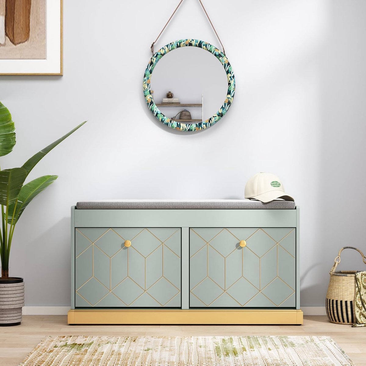 Schoenenkast met Zitbank Altameubel - 2 Laden en Verstelbare Schoenenrekken - Afsluitbare Schoenenopslag voor Hal en Woonkamer - Groen - 100x50x27 cm (9503951636683)