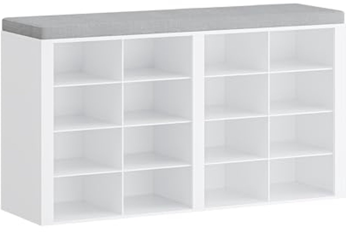 Schoenenkast met Zitting en 16 Vakken - Wit, 30 x 104 x 59 cm (6154006449487)